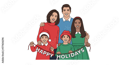 Family with Happy Holidays message.