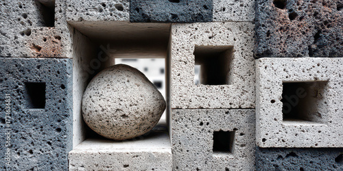 Round Natural Rock Placed within Square Niche of Textured Volcanic Tuff Stone Wall