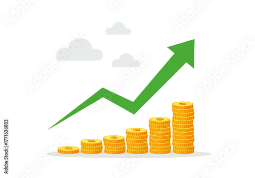 Illustration showing stacks of gold coins increasing in height with a green arrow pointing upwards, suggesting financial growth.