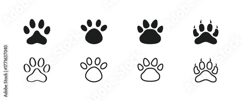 Paw print of a dog or cat. Set of different Animal footprint. Footprint pet. Paw print of dog, cat, tiger paws, Bobcat, kitten leg, puppy pet footprint. Puppy track. Feline step silhouette.