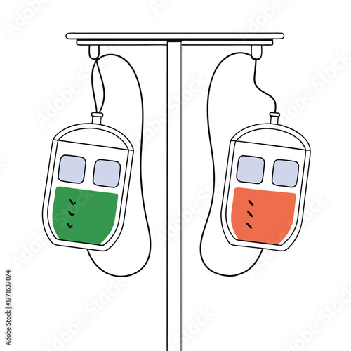 Two iv bags hanging on a stand with different colored liquids