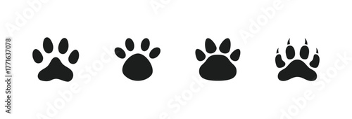 Paw print of a dog or cat. Set of different Animal footprint. Footprint pet. Paw print of dog, cat, tiger paws, Bobcat, kitten leg, puppy pet footprint. Puppy track. Feline step silhouette.