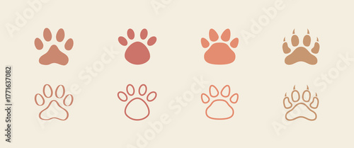 Paw print of a dog or cat. Set of different Animal footprint. Footprint pet. Paw print of dog, cat, tiger paws, Bobcat, kitten leg, cute canine, puppy pet footprint. Puppy track. Feline step outline.