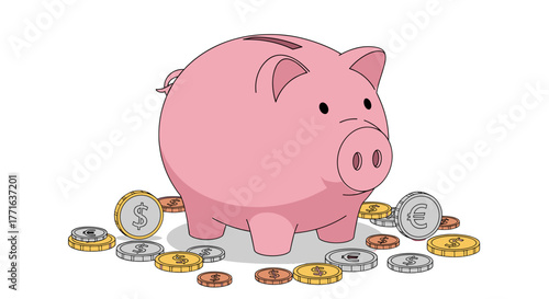 Piggy bank and coins