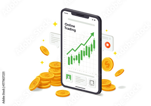 Smartphone displaying an online trading chart with an upward trend, surrounded by gold coins, illustrating financial growth and investment.
