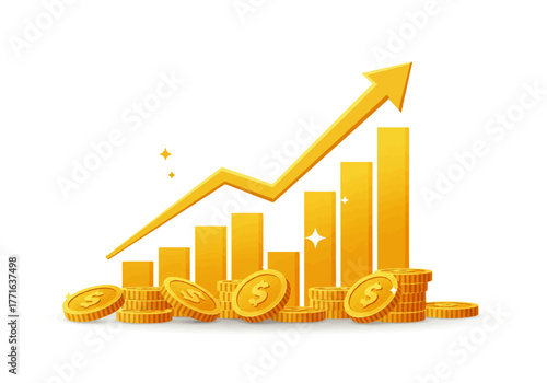 Golden bar graph with upward arrow and stacks of coins, symbolizing financial growth and success.