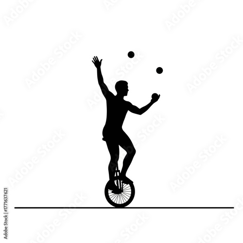 Unicyclist Juggling Balls Silhouette Circus Performance Balance Vector Illustration