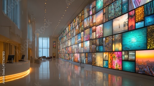 Large wall of screens in modern lobby interior
