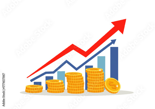 Illustration showing stacks of gold coins and rising bar graph with red and blue arrows indicating financial growth.