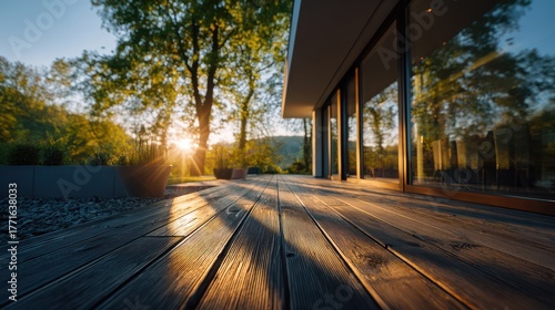 Wooden deck with sun shining through trees at sunset