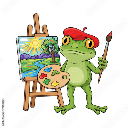 Cartoon artist frog vector illustration with paintbrush palette and easel