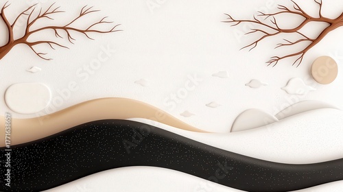 Abstract landscape design featuring stylized trees and flowing waves in an elegant neutral color palette