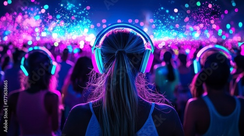 A vibrant crowd enjoying a silent disco with colorful lights and glowing headphones amidst a lively atmosphere