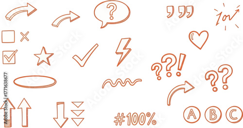 Collection of handdrawn orange icons and symbols, including arrows, checkmarks, question marks, and letters