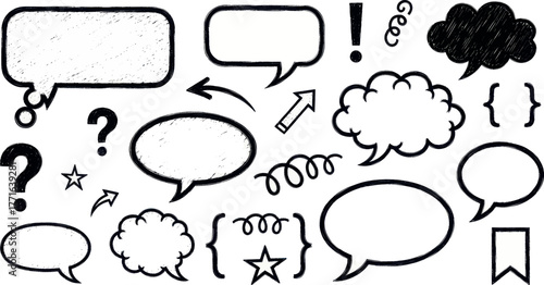 Collection of handdrawn speech bubbles, question marks, exclamation points, and decorative elements isolated on a
