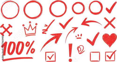 Collection of red handdrawn check marks, crosses, circles, arrows, crowns, exclamation mark, heart, and 100 text