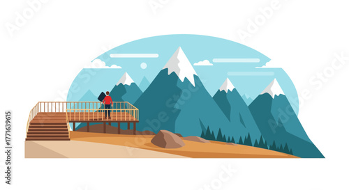 A couple stands on a wooden platform overlooking a mountain range with snow-capped peaks and a clear sky.