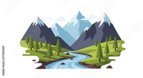 Illustration of a scenic mountain landscape with a flowing river, green meadows, and tall trees, topped with snow-capped peaks.