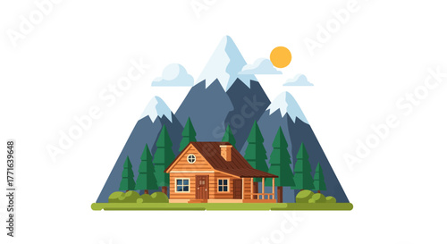 A cozy cabin nestled in a mountain landscape with snow-capped peaks, evergreen trees, and a bright sun.