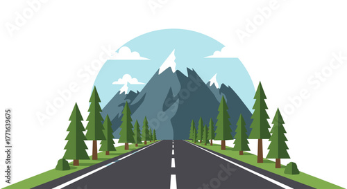 A straight road stretches towards snow-capped mountains under a cloudy sky.