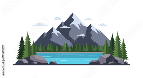 A stylized illustration of a mountain range with a lake and evergreen trees.