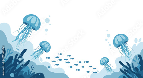 Illustration of jellyfish swimming above a coral reef with a school of fish in a blue and white color scheme.