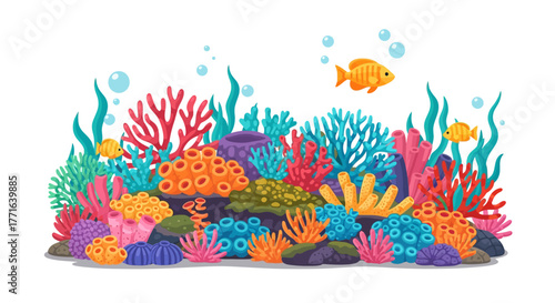 Colorful coral reef illustration with various corals, seaweed, fish, and bubbles against a white background.