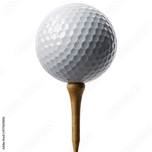 Golf ball on a wooden tee isolated on a white background for sport concepts