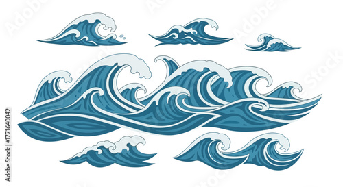 Stylized illustration of various ocean waves, depicting crests and flowing water.