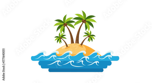 A cartoon illustration of a tropical island with palm trees and ocean waves.