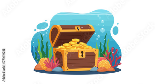An open treasure chest filled with gold coins sits on the ocean floor surrounded by coral and seaweed.