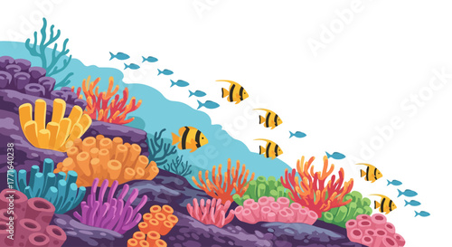 Underwater scene with colorful corals, diverse marine life, and small fish swimming in a line.