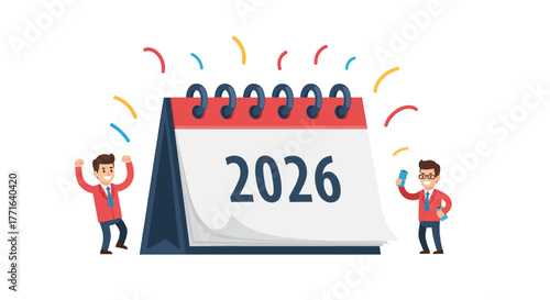 Two excited men celebrate the upcoming year 2026 with a large calendar.