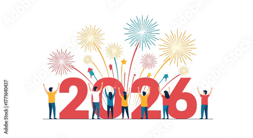 Celebratory illustration of the year 2026 with people and fireworks.