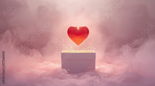 Romantic heart emerging from an open box in soft pastel light, minimalist Valentine concept