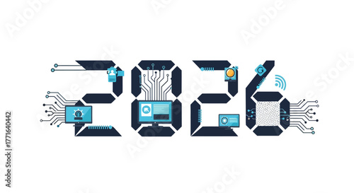 Digitally rendered "2026" text, composed of circuit board elements, representing future technology.