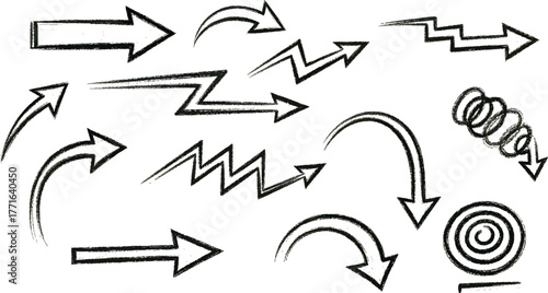 Set of handdrawn arrow icons in various styles and directions, isolated on a light background