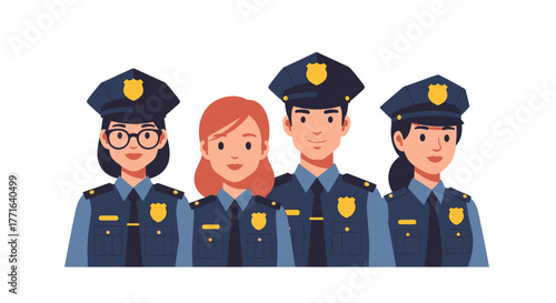 Four police officers stand together, wearing uniforms and hats. Two are women, and two are men.