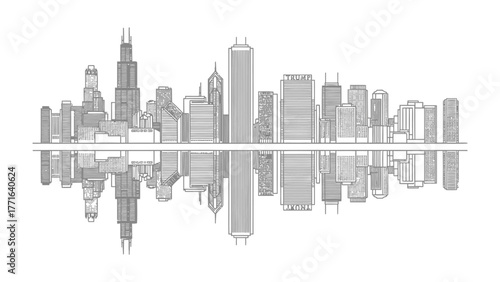 Cityscape Reflection: A modern cityscape with its towering structures mirrors beautifully in the calm surface below. capturing the urban landscape and architectural brilliance.