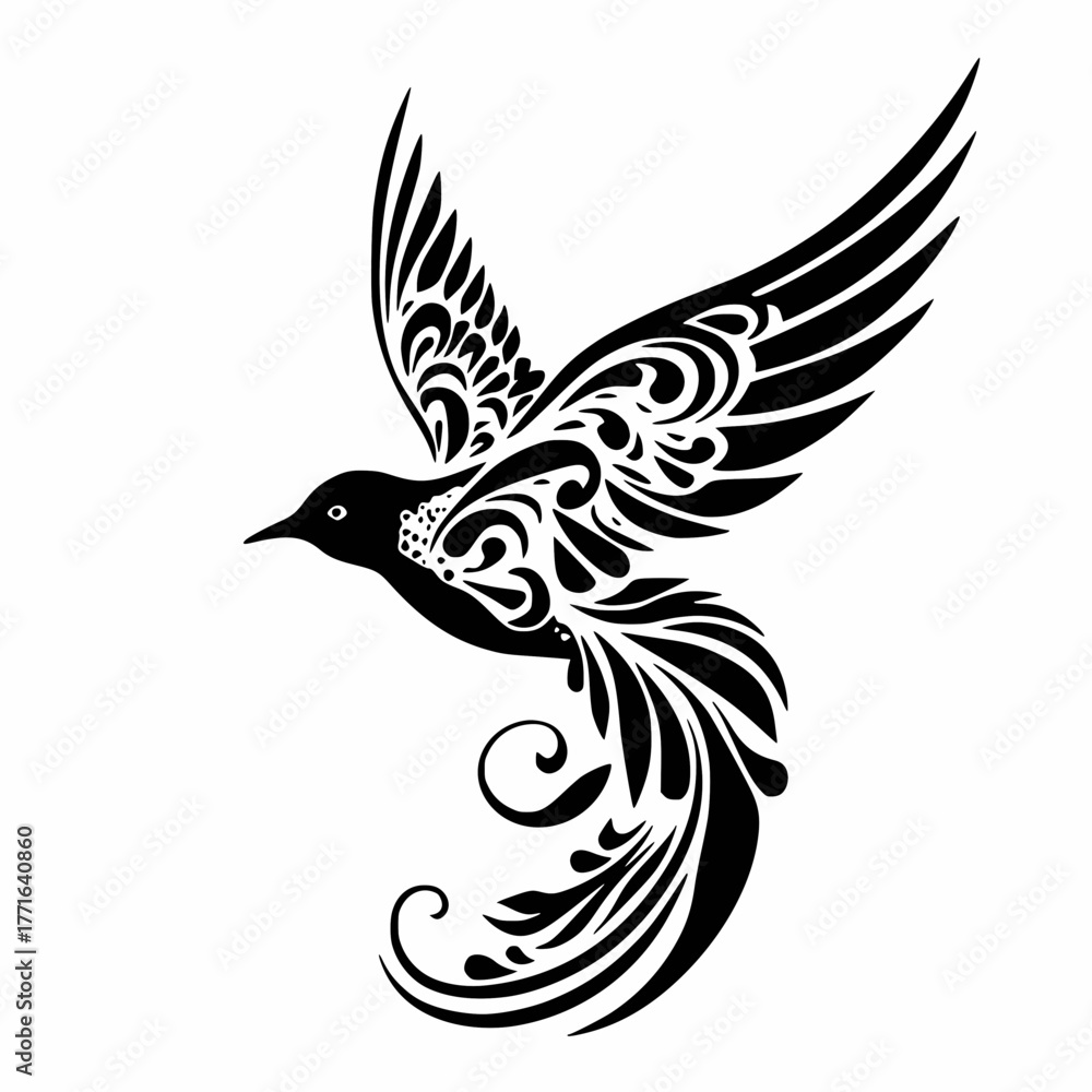 Obraz premium A stylized black bird with ornate, swirling patterns on its wings and tail, isolated on a, representing freedom and elegance