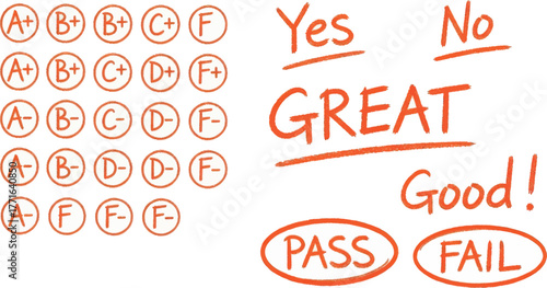 Handwritten school grades, including a, b, c, d, f, and pass or fail options