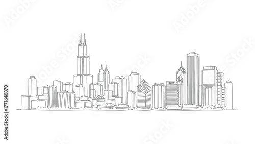 Urban Outline: A minimalistic black-and-white depiction of a dynamic urban landscape, featuring the silhouette of buildings against a plain backdrop.