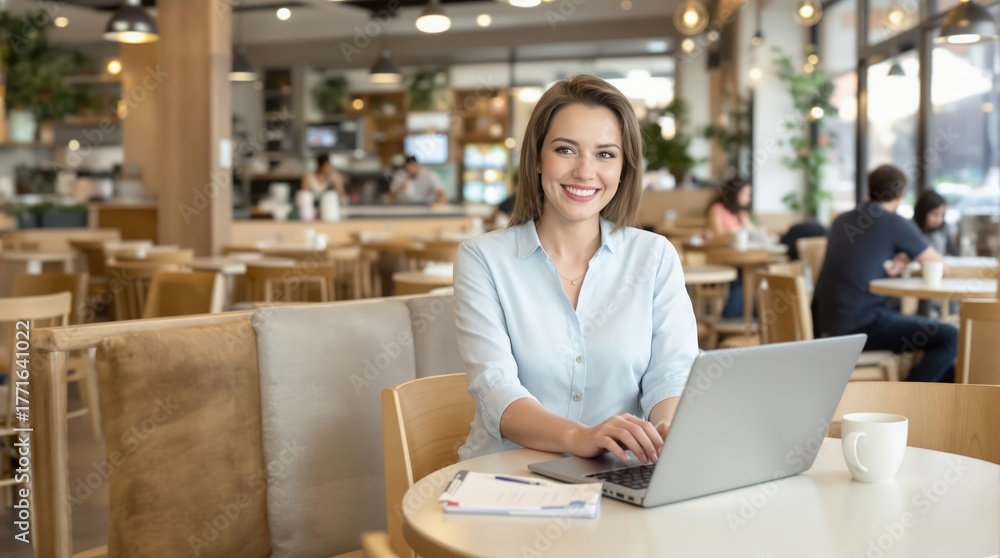 Fototapeta premium Woman working on laptop in cozy urban lifestyle capture bright atmosphere engaging perspective modern workspace concept