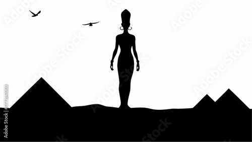 Majestic Egyptian Queen silhouette stands before pyramids with birds soaring above