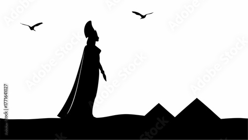 Majestic silhouette of ancient queen stands against desert pyramids and soaring birds