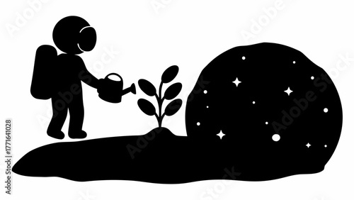 Astronaut nurturing a growing plant on an alien world, symbolizing exploration and new beginnings.