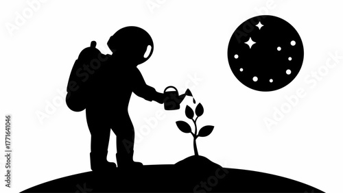 Astronaut nurturing a new plant under a starry moon, symbolizing growth and exploration