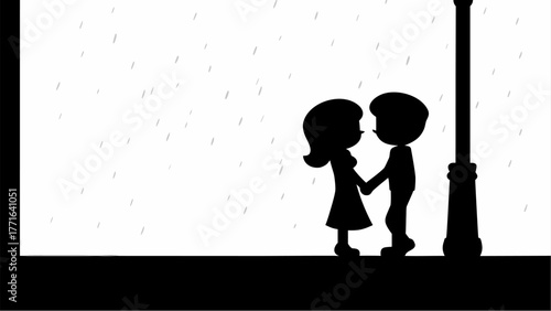 Romantic couple holding hands under streetlamp during gentle rain, a classic love story scene