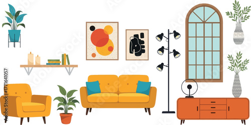 PrintModern living room interior with yellow armchair, sofa, floor lamp, and cabinet against a, featuring abstract art and plants