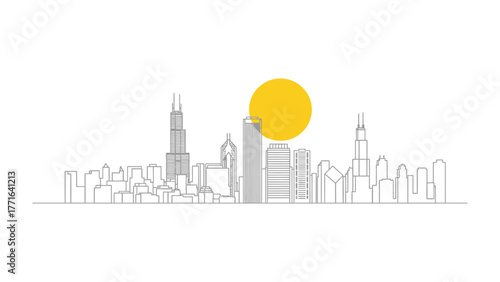 Urban Silhouette: A minimalist illustration captures the essence of a city's skyline, with iconic buildings standing against a backdrop of a warm, inviting sun. 